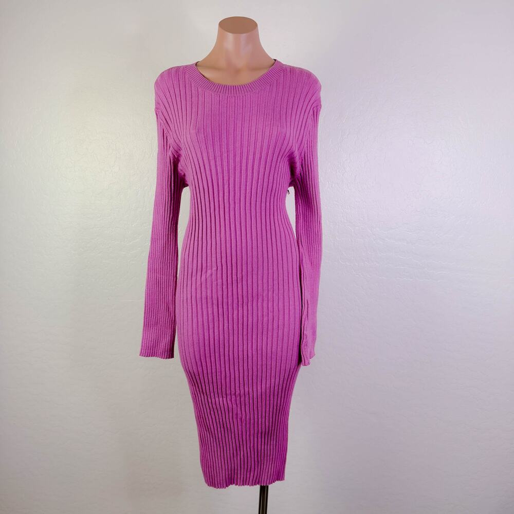 Stitchdrop Crew Neck Rib Knit Long Sleeve Bodycon Midi Sweater Dress Pink L NWT